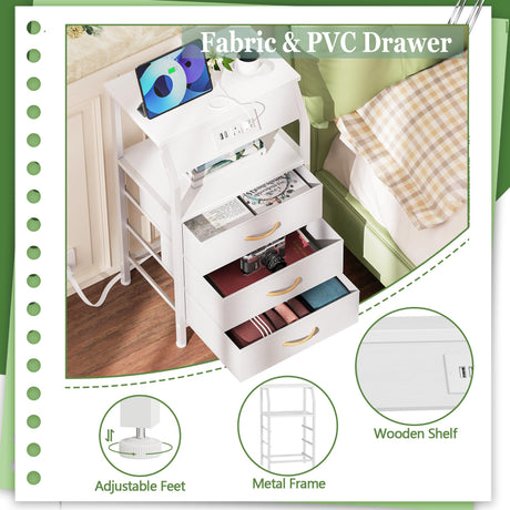 Furnulem Night Stand with Charging Station, 28.3 Inch Tall Bedside Table with PVC Drawers, End Table with USB Ports and Outlets, 3 Fabric Drawer Storage Nightstand for Bedroom, 3 Ways to Use, White Furnulem
