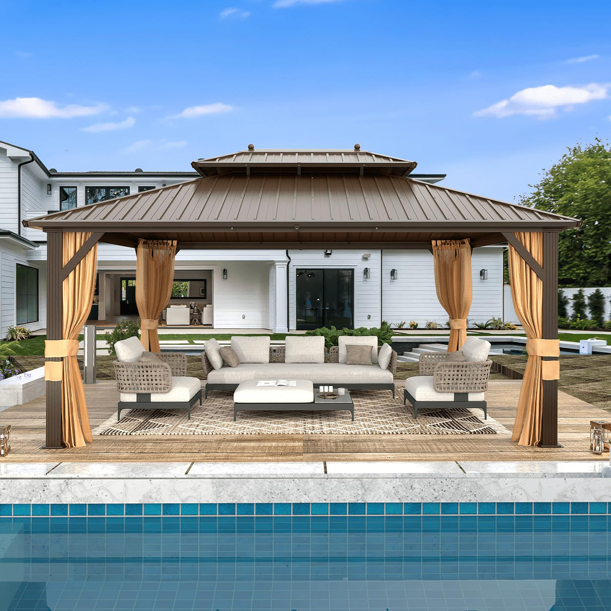 MELLCOM 12'x16' Hardtop Gazebo, Galvanized Steel Metal Double Roof Aluminum Gazebo with Curtains and Netting, Brown Permanent Pavilion Gazebo with Aluminum Frame for Patio, Lawn & Garden MELLCOM