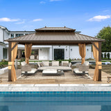 MELLCOM 12'x16' Hardtop Gazebo, Galvanized Steel Metal Double Roof Aluminum Gazebo with Curtains and Netting, Brown Permanent Pavilion Gazebo with Aluminum Frame for Patio, Lawn & Garden MELLCOM