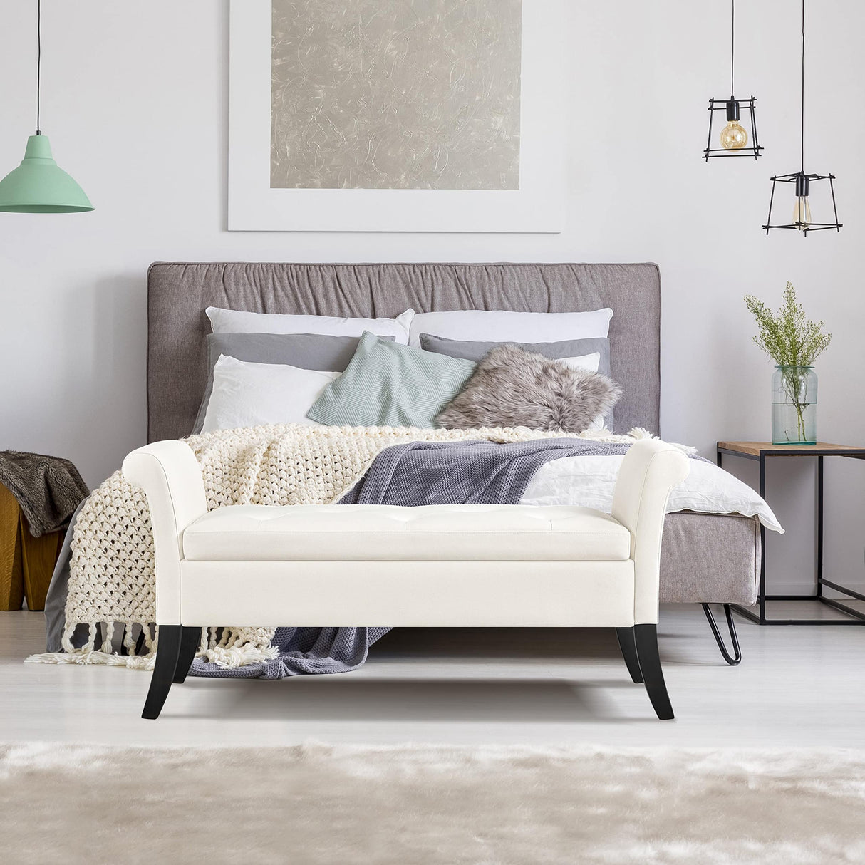 Yaheetech 52in Ottoman Bench Folding Storage Tufted Fabric Entryway with Arms Footstool Large Foot Rest Seat Rolled Cushioned Fresh White Yaheetech