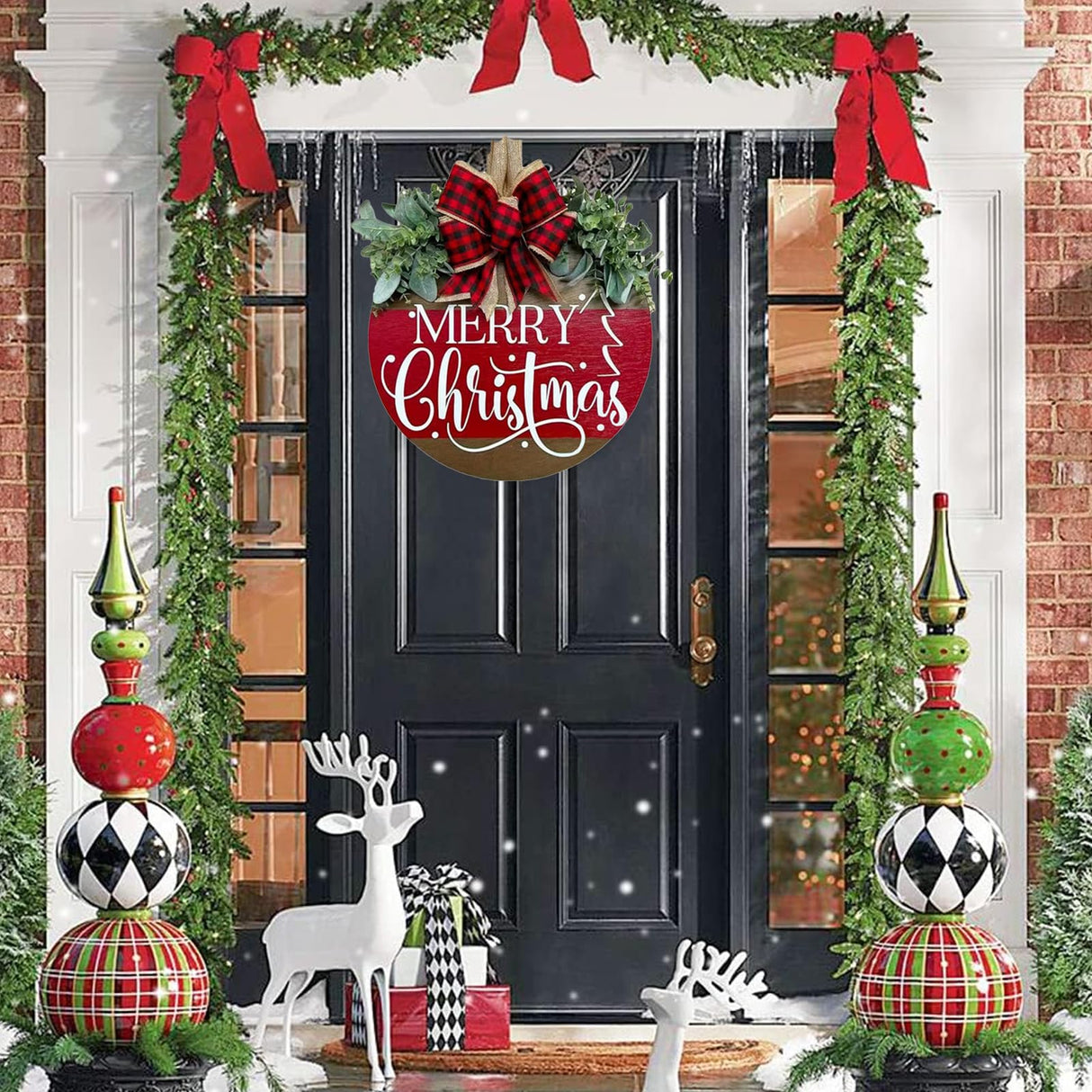 Merry Christmas Door Hanger Sign for Front, Chrismas Welcome Wooden Wreaths Sign with Bow for Winter Farmhouse Garden Porch Decorations (Christmas Door Sign) VQRZG