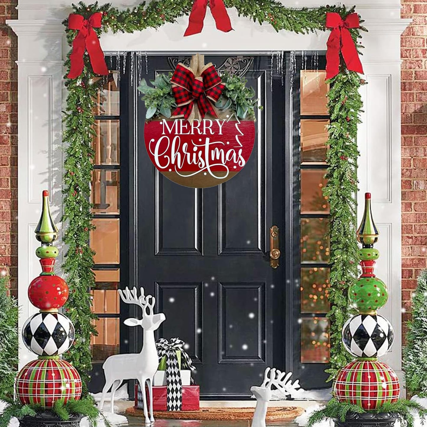 Merry Christmas Door Hanger Sign for Front, Chrismas Welcome Wooden Wreaths Sign with Bow for Winter Farmhouse Garden Porch Decorations (Christmas Door Sign)