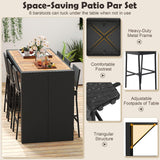 RELAX4LIFE 7-Piece Outdoor Bar Set - Wicker Rattan Bar Height Dining Table w/Acacia Wood Top & 6 Bar Stools Chairs w/Seat Cushions, Backrest, Footrest, Outside Patio Bistro Set for Backyard (73'') RELAX4LIFE