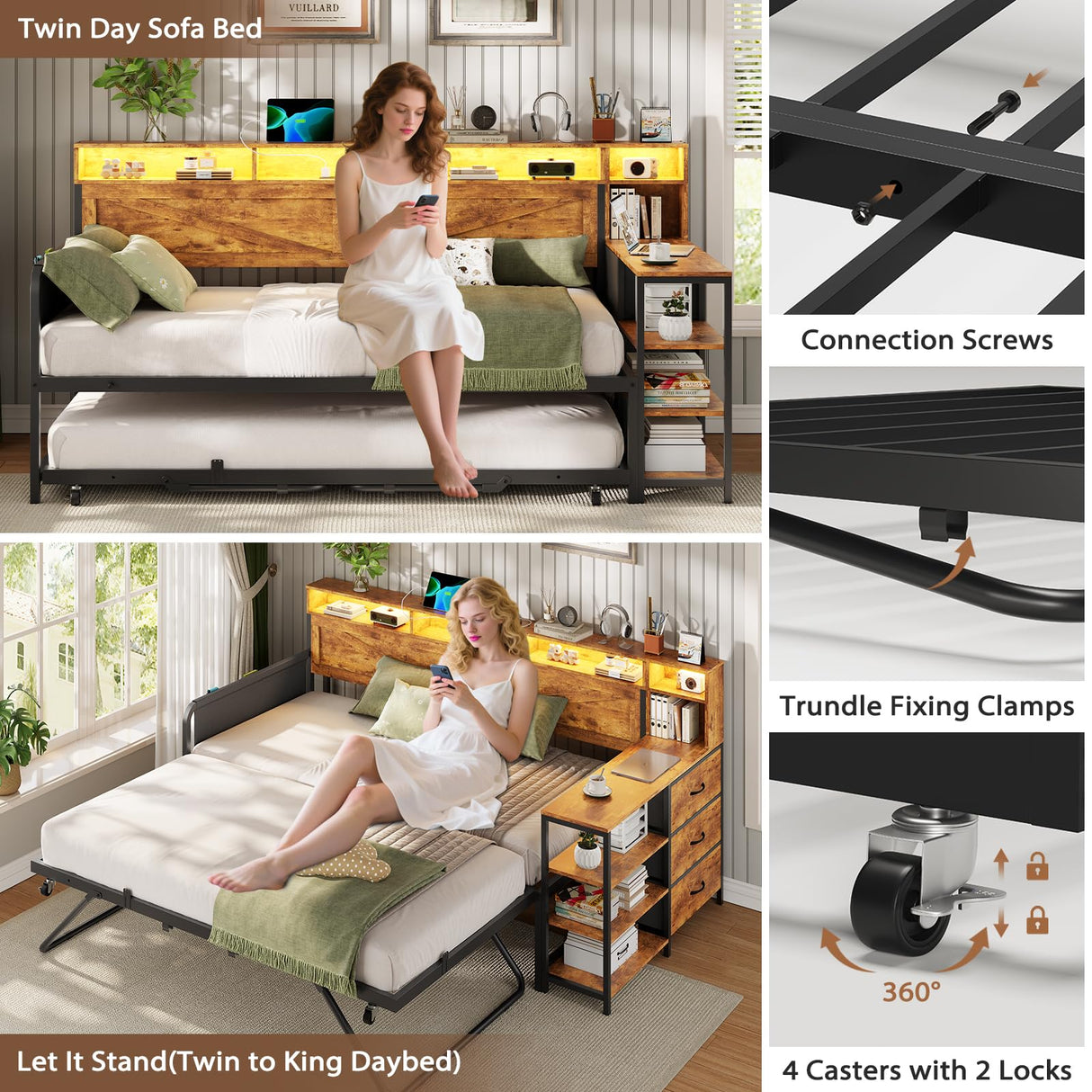 VIAGDO Daybed Twin with Pop Up Trundle, Farmhouse Wooden Day Bed Frame with 3 Storage Drawers and Shelves, Twin to King Daybed with Charging Station and LED Lights for Bedroom, Rustic Brown VIAGDO