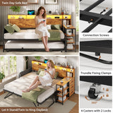VIAGDO Daybed Twin with Pop Up Trundle, Farmhouse Wooden Day Bed Frame with 3 Storage Drawers and Shelves, Twin to King Daybed with Charging Station and LED Lights for Bedroom, Rustic Brown VIAGDO