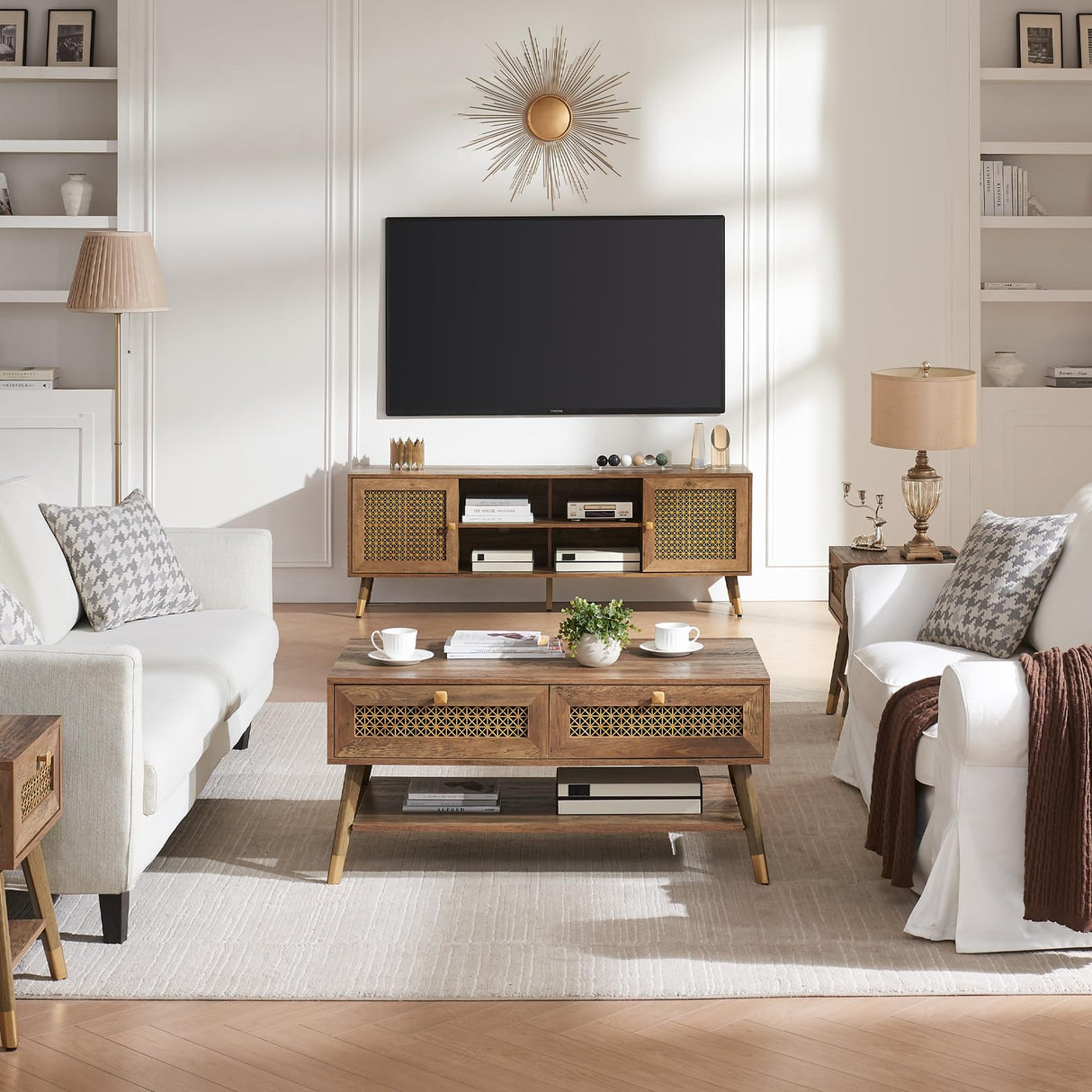 JYED DECOR Modern Entertainment Center for TVs up to 75 inches, Boho TV Console with Storage Cabinet and Open Shelves, Large TV Stand for Living Room, Bedroom, Office, Rustic JYED DECOR