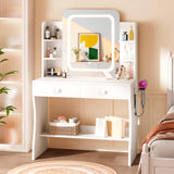 LIVELYGLOW Small Makeup Vanity Desk, 29.5" W x 15.8" D x 51.2" H, White (Smart LED Mirror, Hairdryer Rack, Power-Outlet, 5 Shelves, 2 Drawers) LIVELYGLOW