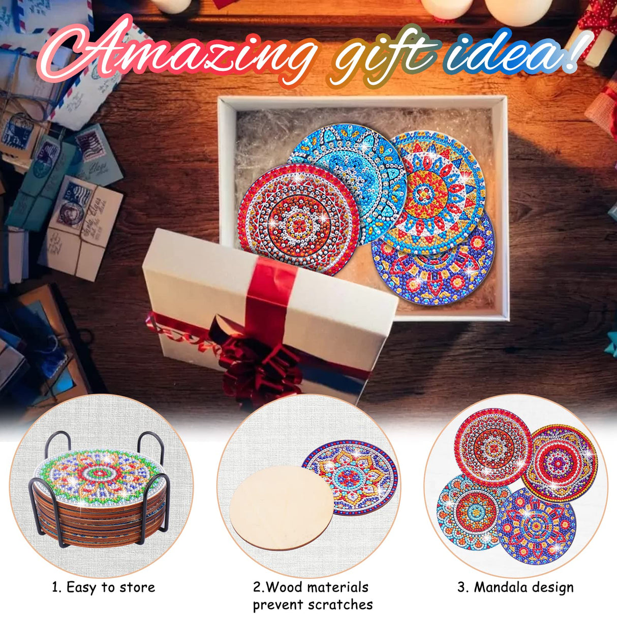 BSRESIN 8 Pcs Coasters with Holder, Mandala DIY Diamond Art Crafts for Adults, Small Diamond Painting Kits Accessories BSRESIN
