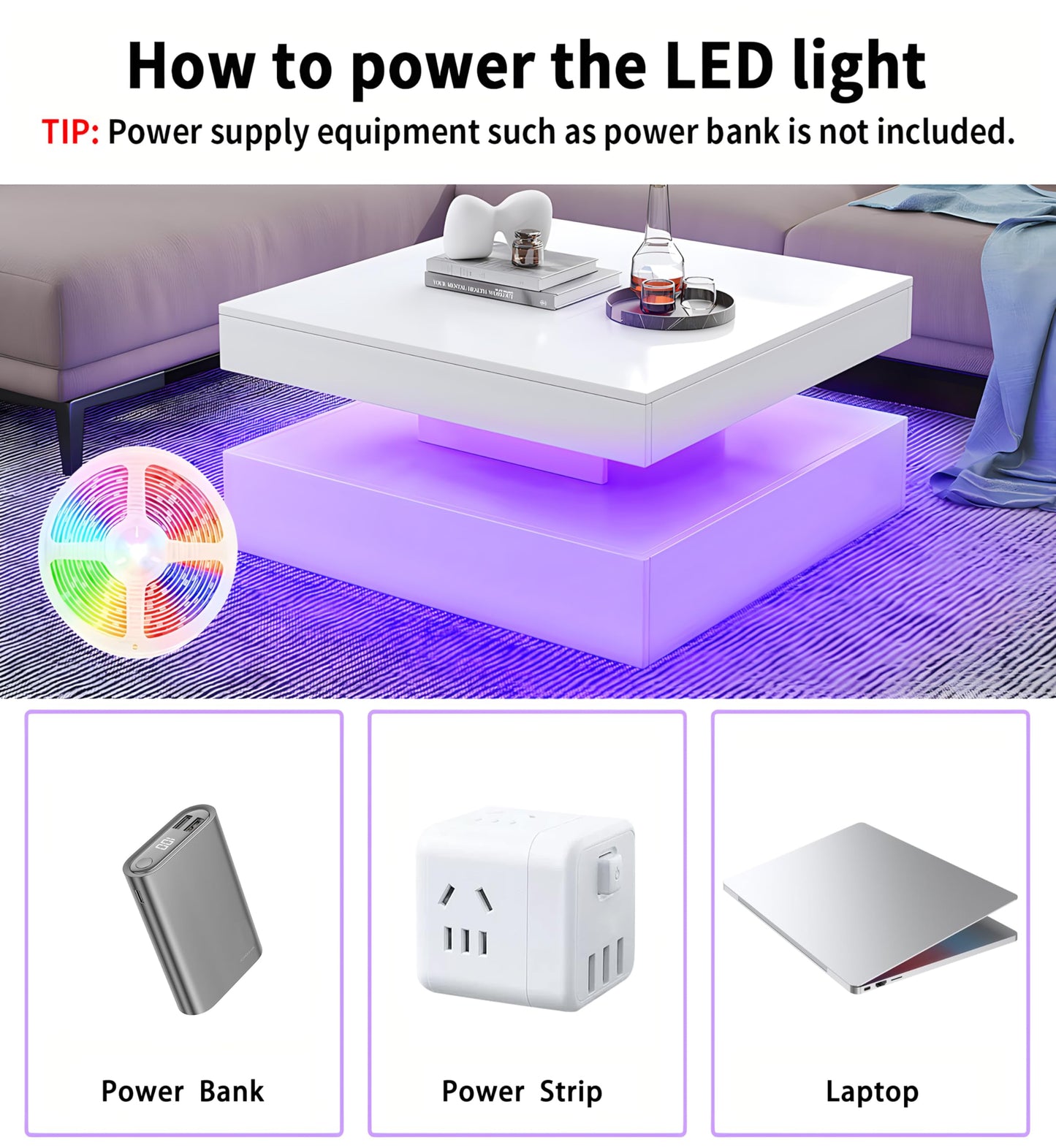 LED Coffee Table for Living Room with Storage - High Glossy Modern White Center Table with 2 Drawers, Square Wooden Middle Table with 16-Color Lights 31" x 31" x 14.6" (White) - WoodArtSupply