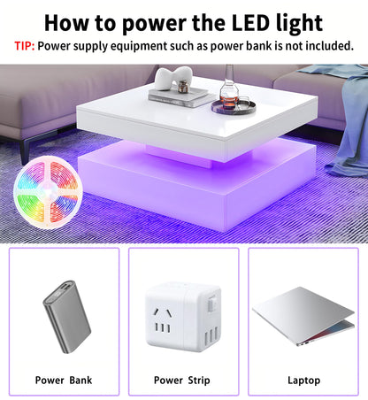 LED Coffee Table for Living Room with Storage - High Glossy Modern White Center Table with 2 Drawers, Square Wooden Middle Table with 16-Color Lights 31" x 31" x 14.6" (White) - WoodArtSupply