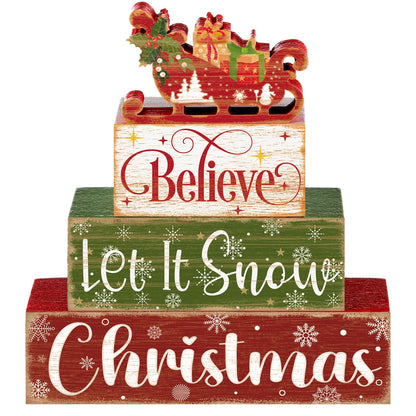 Moucuny 4 Pcs Christmas Sled Table Decor Wooden Block Sign Christmas Tiered Tray Decor Believe Let It Snow Christmas Wood Decor Christmas Centerpieces Farmhouse Wooden Block for Christmas Home