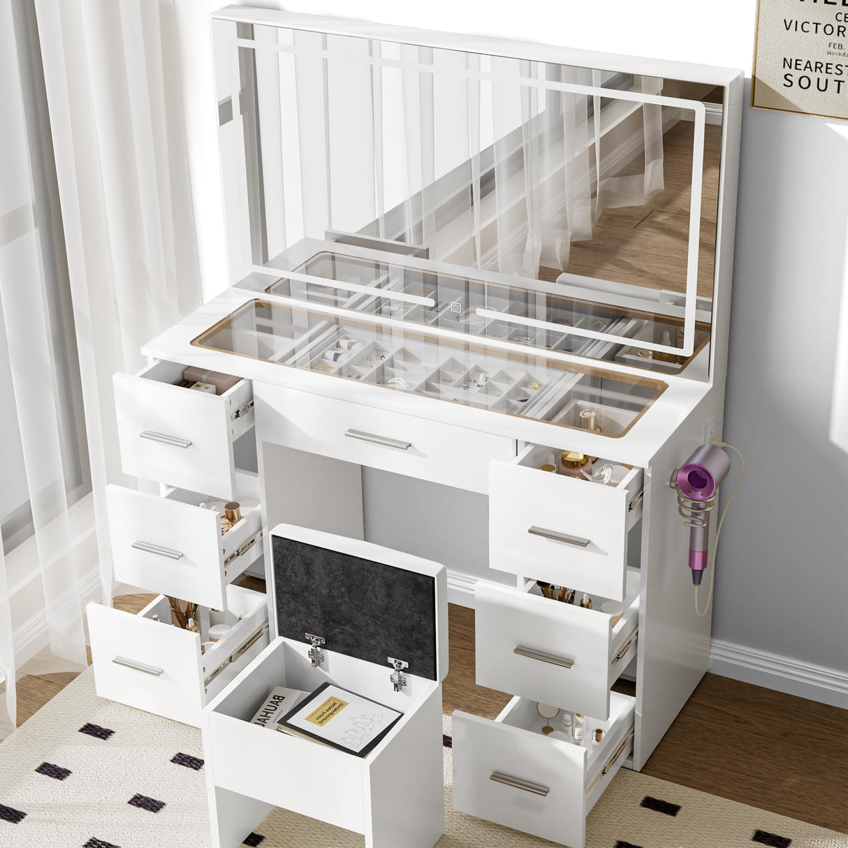 VALONDINO Makeup Vanity Desk with Power Outlet, 46'' Glass Top Vanity Set, 7 Drawers Vanity Table with Cushioned Stool, 3 Lighting Modes Brightness Adjustable,White VALONDINO