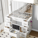 VALONDINO Makeup Vanity Desk with Power Outlet, 46'' Glass Top Vanity Set, 7 Drawers Vanity Table with Cushioned Stool, 3 Lighting Modes Brightness Adjustable,White VALONDINO