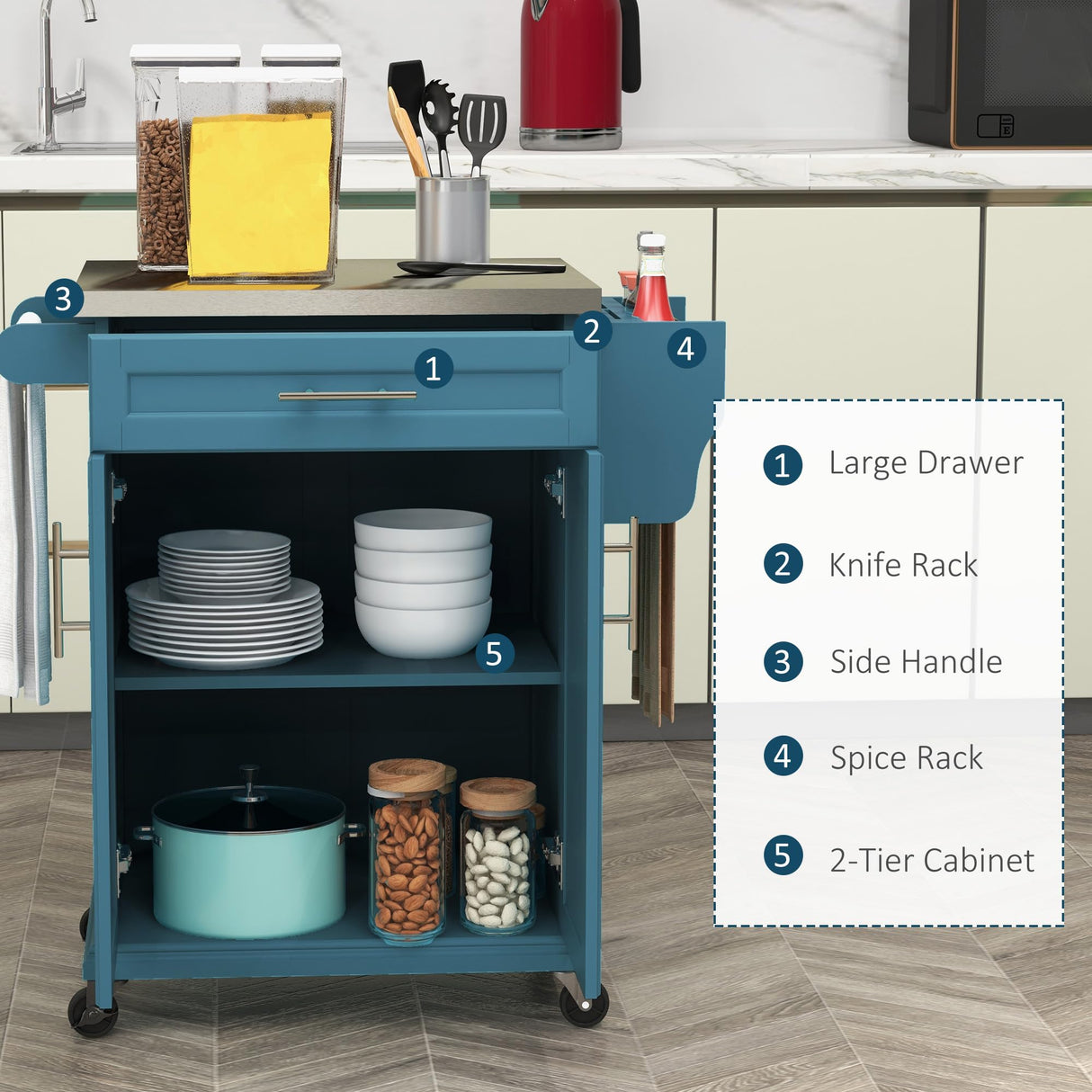 HOMCOM Kitchen Island on Wheels, Rolling Kitchen Cart with Stainless Steel Countertop, Drawer, Towel Rack and Spice Rack, Utility Storage Trolley, Blue HOMCOM