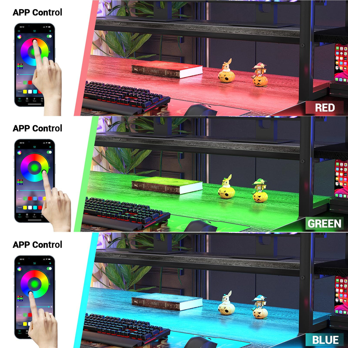 armocity 2024 Upgrade Gaming Desk with LED Lights, Small Computer Desk with Long Monitor Stand, 47.2'' Reversible Laptop Table with Storage Shelves, Small Desk for Small Spaces, Gaming Room, Grey armocity