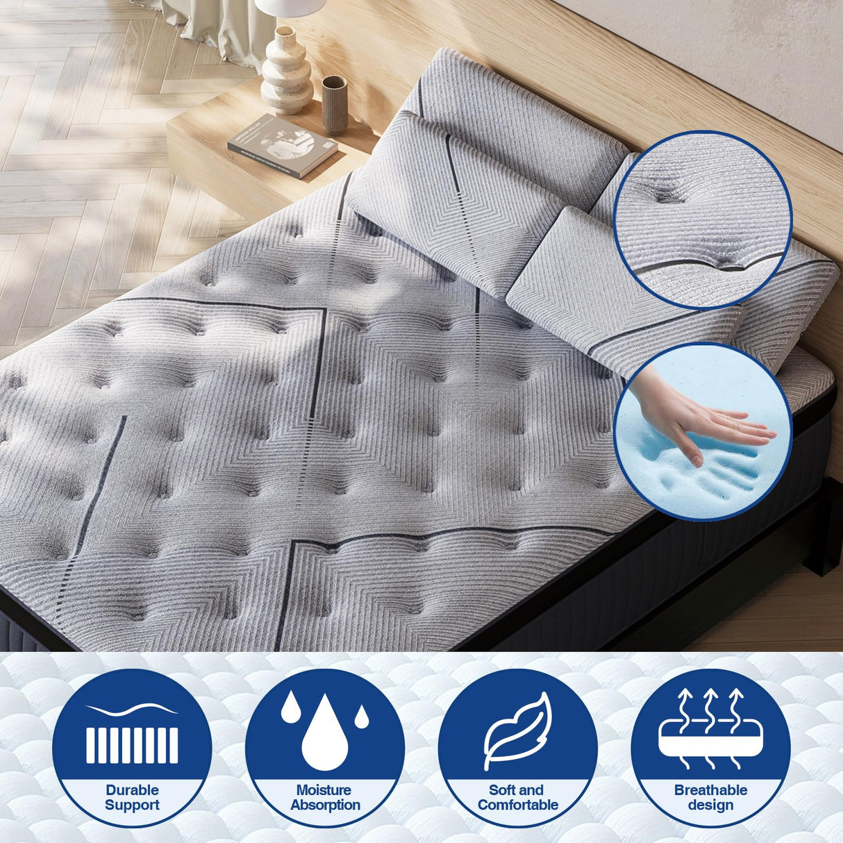 DIGLANT Queen Mattress, 14Inch Medium Queen Hybrid Mattress,Cooling Gel Memory Foam & 7-Zone Individual Pocket Springs, Queen Size Mattress in Box for Supportive & Pressure Relief,60 x 80 DIGLANT