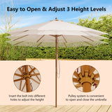 HAPPYGRILL 10 FT Wooden Patio Umbrella with Rope Pulley Lift, 8 Bamboo Ribs, 3 Adjustable Heights, Vented Roof, Outdoor Table Umbrella for Garden Poolside Backyard HAPPYGRILL