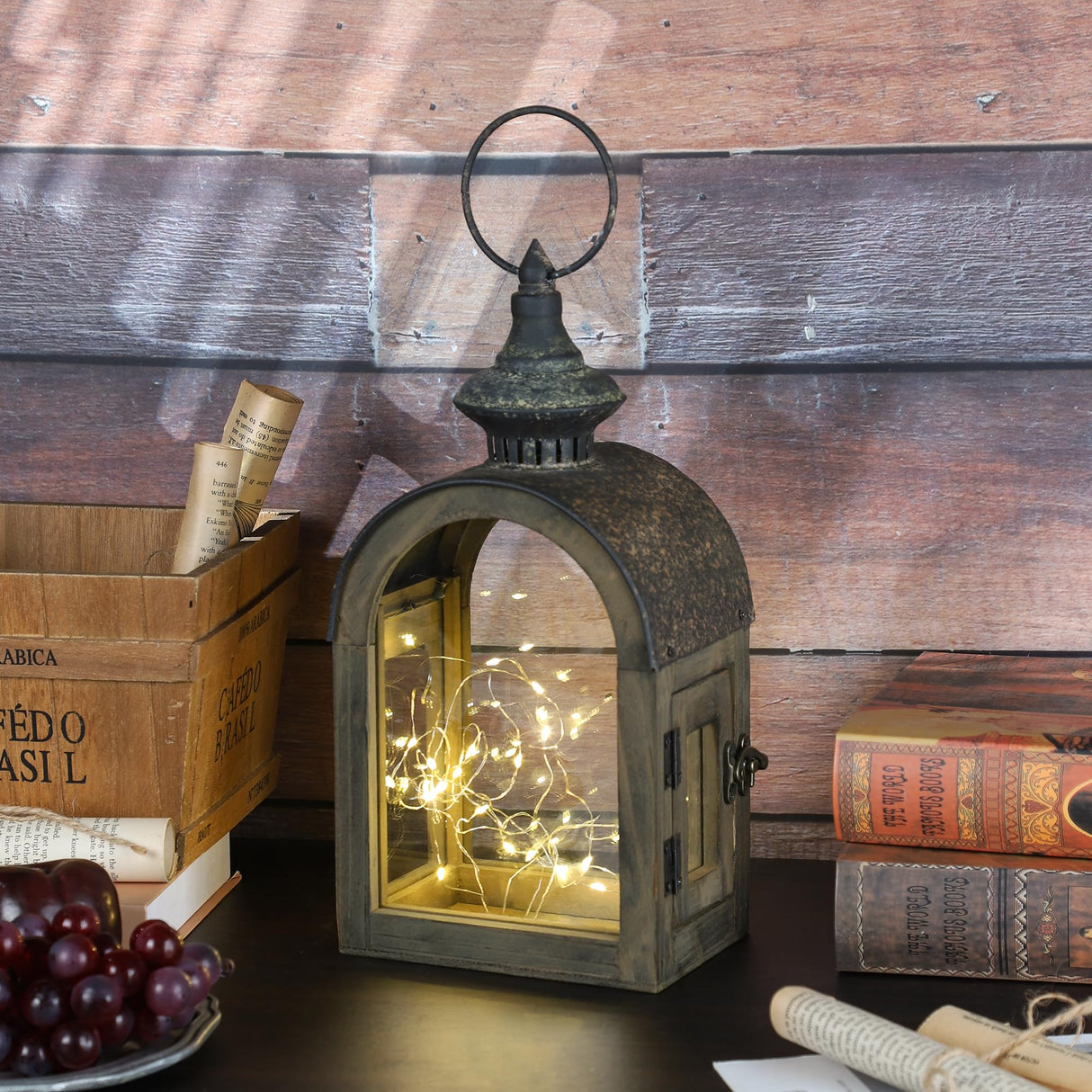 12" High Wooden Dome Lantern Made of Solid Fir Wood and Real Glass in Rustic Brown Finish with Rustic Metal Top, Hurricane Lantern, Farmhouse Lantern (1, Brown, Small) twakutwaku