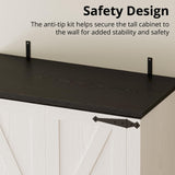 IRONCK Farmhouse Kitchen Pantry Cabinet, Tall Storage Cabinet with 6 Hanging Shelves and Adjustable Shelves, Freestanding Cupboard with Barn Doors for Kitchen, Dining Room，White/Black IRONCK