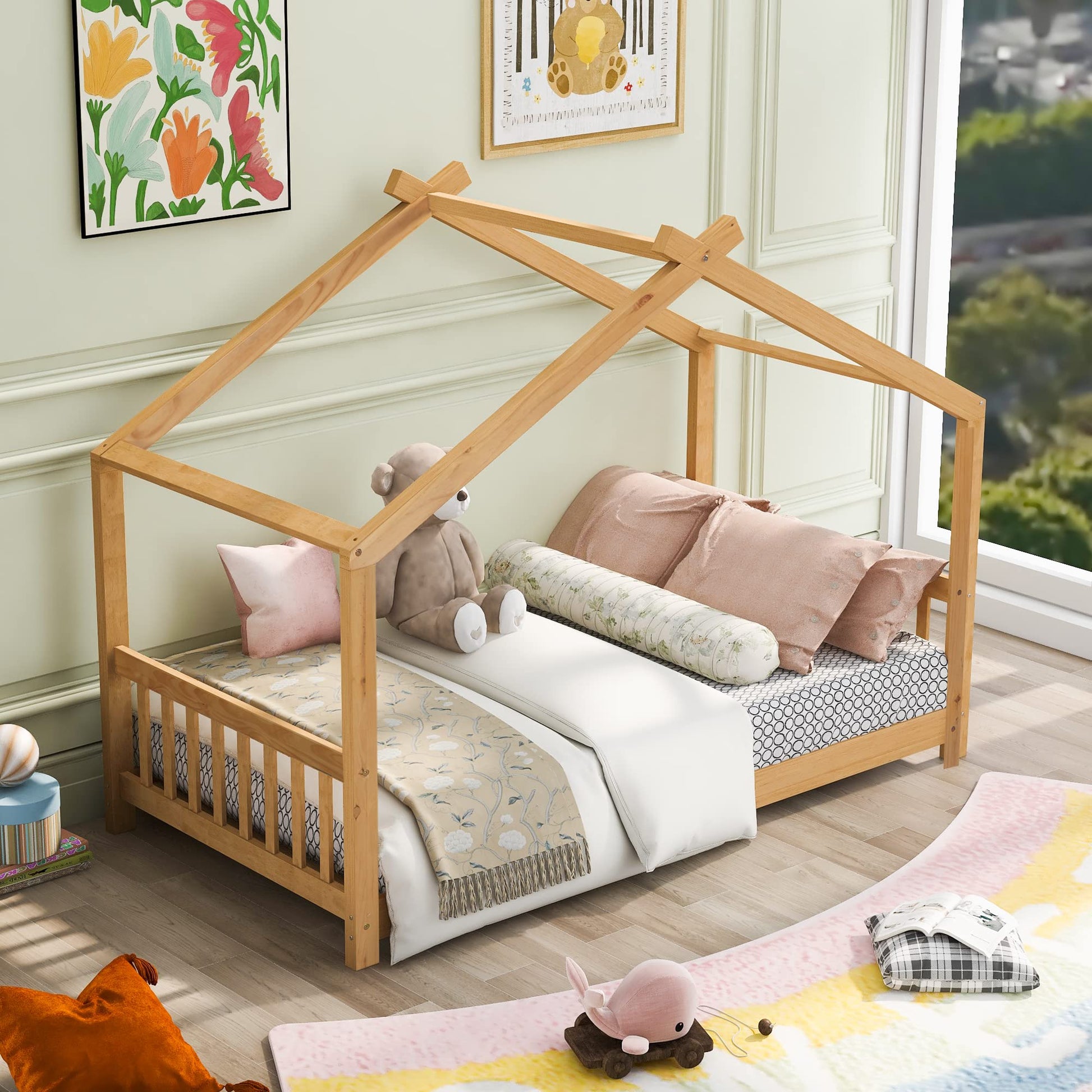 Merax Twin Size Wood House Bed with Roof, Headboard and Footboard, No Box Spring Needed, Natural - WoodArtSupply