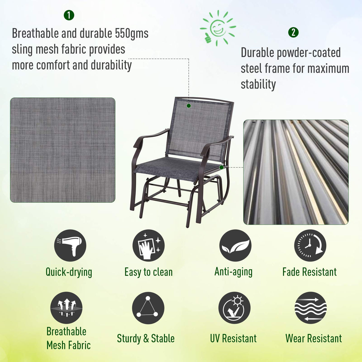 Outsunny 3 Piece Outdoor Glider Chair with Coffee Table Bistro Set, 2 Patio Rocking Swing Chairs with Breathable Sling Fabric, Glass Tabletop, for Backyard, Garden and Porch, Gray Outsunny