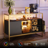 Bestier Coffee Bar Cabinet with Power Outlet, 47" Modern Buffet Cabinet with Storage, Glass Shelves, and LED Light, Fluted Bar Cabinet with Door for Living Room, Bedroom, Classic Black Bestier