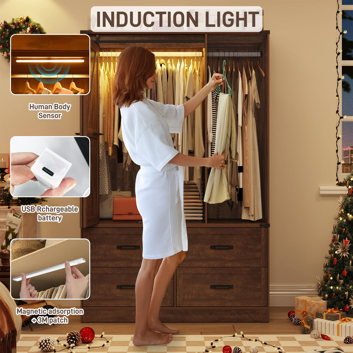 Farmhouse 3 Doors Armoire Wardrobe Closet w/Folding Sliding Barn Door and Lights, LED Armoire Closet w/Drawers for Bedroom, Freestanding Wooden Wardrobe Storage Closets w/Hanging Rod,Rustic Brown jiteentarou