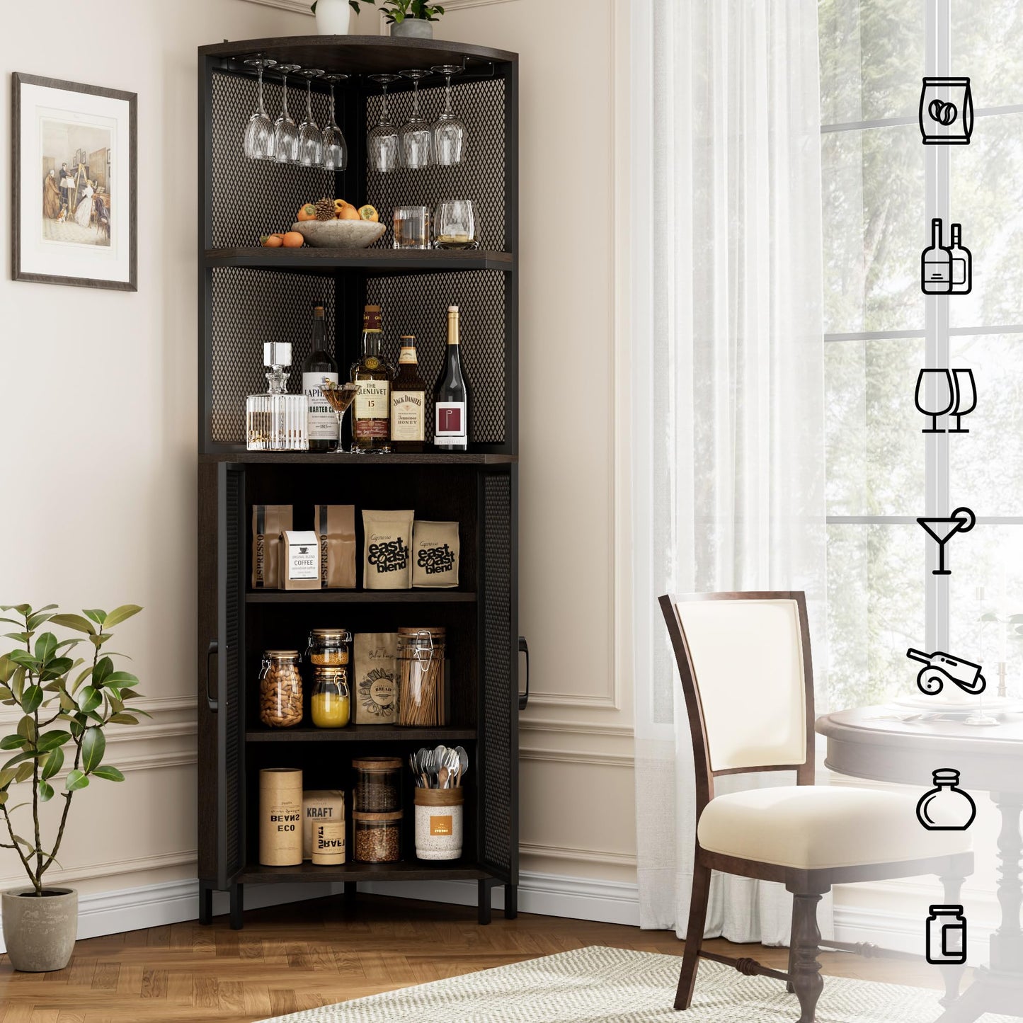 HITHOS 67" Tall Corner Bar Cabinet, Industrial Wine Bar Cabinet with Glass Holder, 6-Tier Liquor Cabinet with Adjustable Shelves, Corner Display Cabinet for Kitchen, Dining Room, Dark Brown - WoodArtSupply