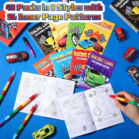 Spakon 48 Pcs Race Car Coloring Books Mini Bulk Racecar Party Favors Race Car Color Books Birthday Decorations Small Activity Book Pages for Racecar Goodie Bags Wheels Theme Birthday Supplies (Car) Spakon