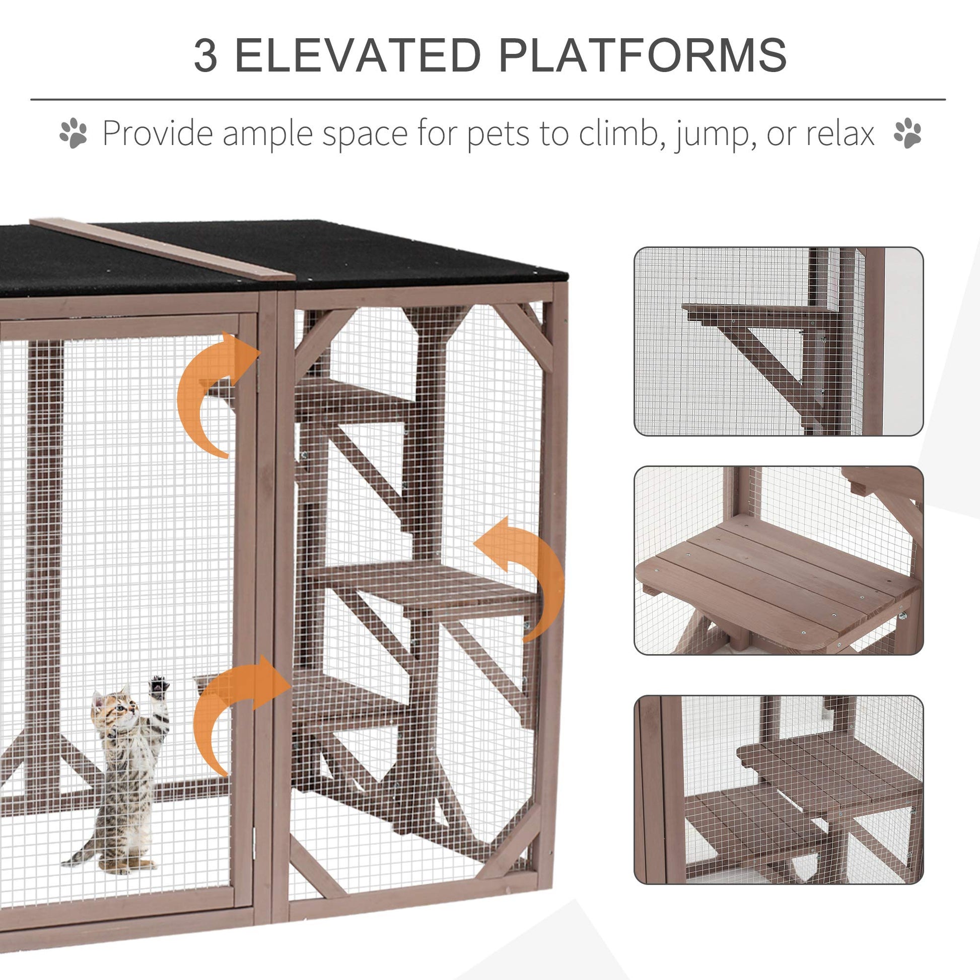 PawHut Outdoor Cat House, Catio Wooden Feral Cat Shelter, Cat Cage with Platforms, Large Enter Door, Weather Protection Asphalt Roof, 71" L, Brown - WoodArtSupply