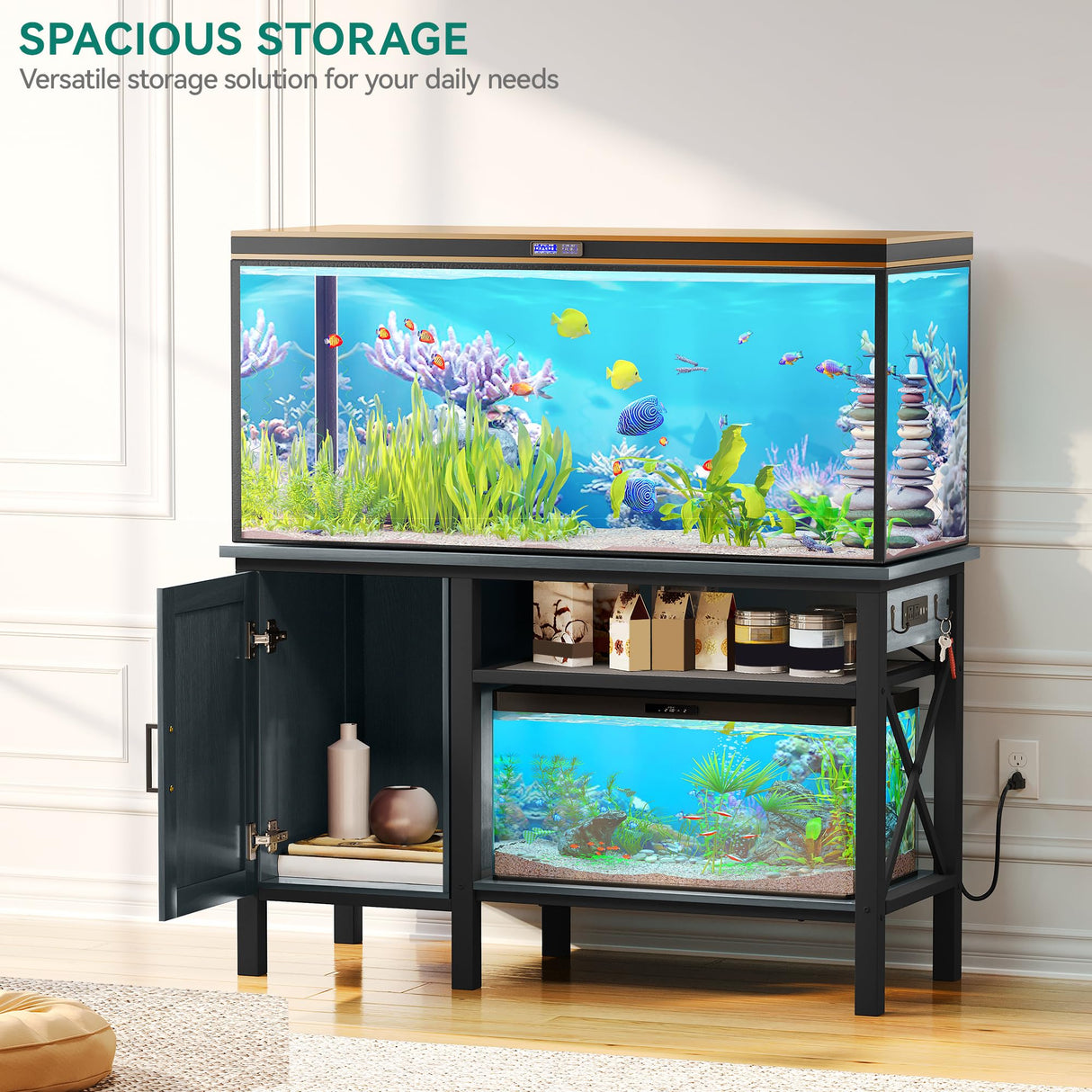 YITAHOME 55-75 Gallon aquarium stand with Power Outlets, Heavy Duty Metal Fish Tank Stand, Cabinet for Fish Tank Accessories Storage suitable for Fish Tank, Turtle Tank, 880LBS Capacity, Black YITAHOME