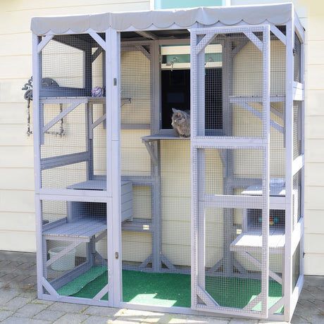 GUTINNEEN Catio Outdoor Cat Enclosure Large Walk in Window Cat House for Mulitiple Cats with 7 Platforms and 2 Resting Box,Tarp Roof,71 inch GUTINNEEN