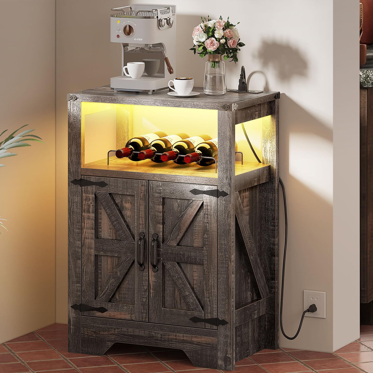DWVO Wine Cabinet w/Power Outlets & LED Lights, 31.5" Farmhouse Bar Cabinet w/Wine Rack, Coffee Bar w/Glass Holder, Small Alcohol Cabinet w/Barn Door for Kitchen Dining Room, Dark Rustic Oak