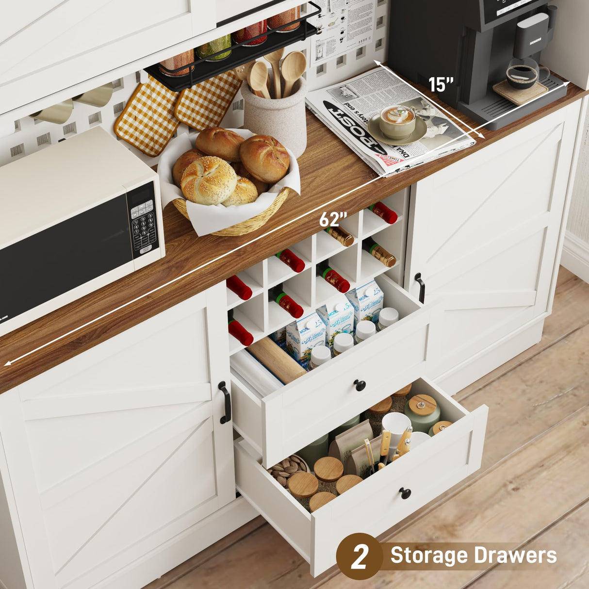 75” Tall Large Kitchen Pantry Storage Cabinet,63"W Farmhouse Kitchen Hutch Cabinet w/Power Outlet,Large Coffee Bar Cupboard w/Microwave Shelf & Wine Rack,4 Doors,2 Drawers, Dining Room, White chartustriable