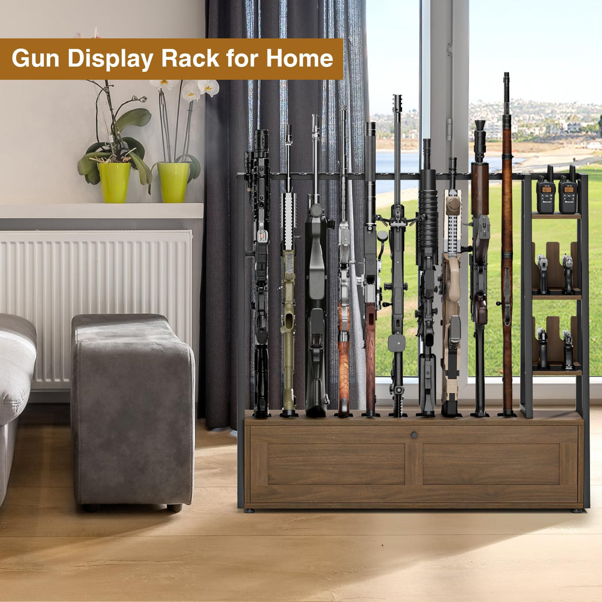 Giluta Gun Rack, Wooden Gun Display Stand with Pistol Rack, Gun Rack Storage Display Floor Standing Shotgun Rack for Home or Garage, Holds up to 10 Long Guns and 4 Handguns Giluta