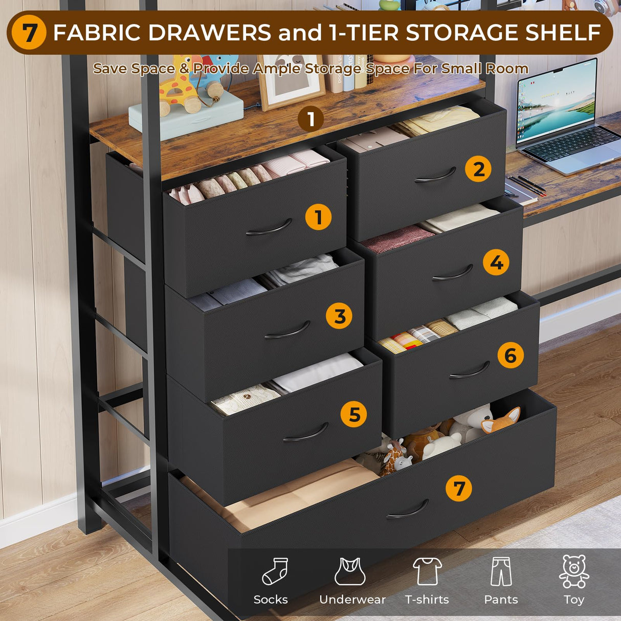 DICTAC Full Loft Bed with L-Shaped Desk and 7 Storage Drawers,Metal Full Size Loft Bed for Teen with LED Lights and Charging Station,13.11" H Safety Guardrail and Ladder,No Box Spring Needed, Black DICTAC