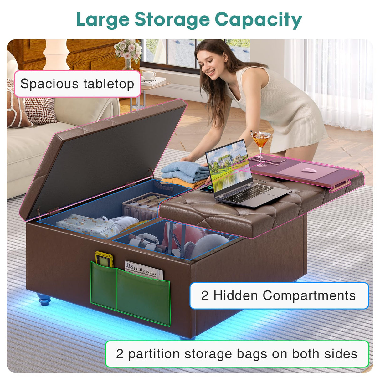 busyaeh Storage Ottoman Coffee Table,Square Ottoman Bench with Charging Station and LED Lights,Velvet Buttons Large Ottoman with Storage with Lift Top&Solid Wood Legs for Living Room Bedroom (Brown) busyaeh