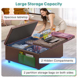 busyaeh Storage Ottoman Coffee Table,Square Ottoman Bench with Charging Station and LED Lights,Velvet Buttons Large Ottoman with Storage with Lift Top&Solid Wood Legs for Living Room Bedroom (Brown) busyaeh