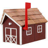 Amish Cedar Roof Wooden Mailbox with Window & Door Trim (Red with White Trim) Dress The Yard