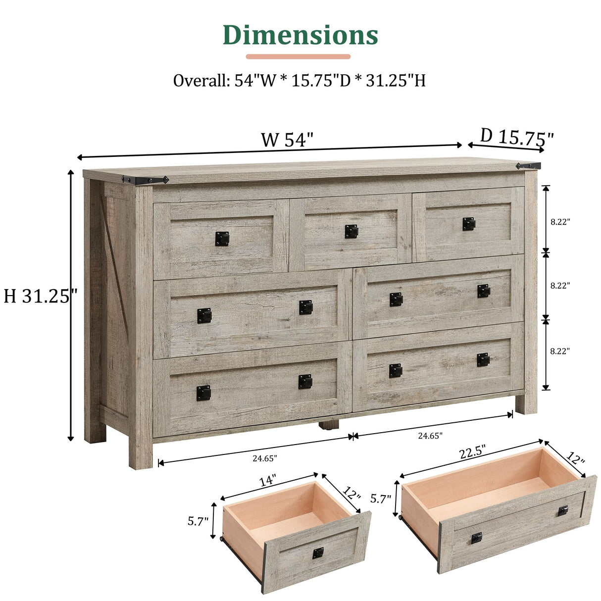 RedLemon 7 Drawer Dresser for Bedroom, Farmhouse 54" Wide Rustic Wood Dresser TV Stand, Dresser Chest of Drawers for Closet, Living Room, Hallway, Light Rustic Oak RedLemon