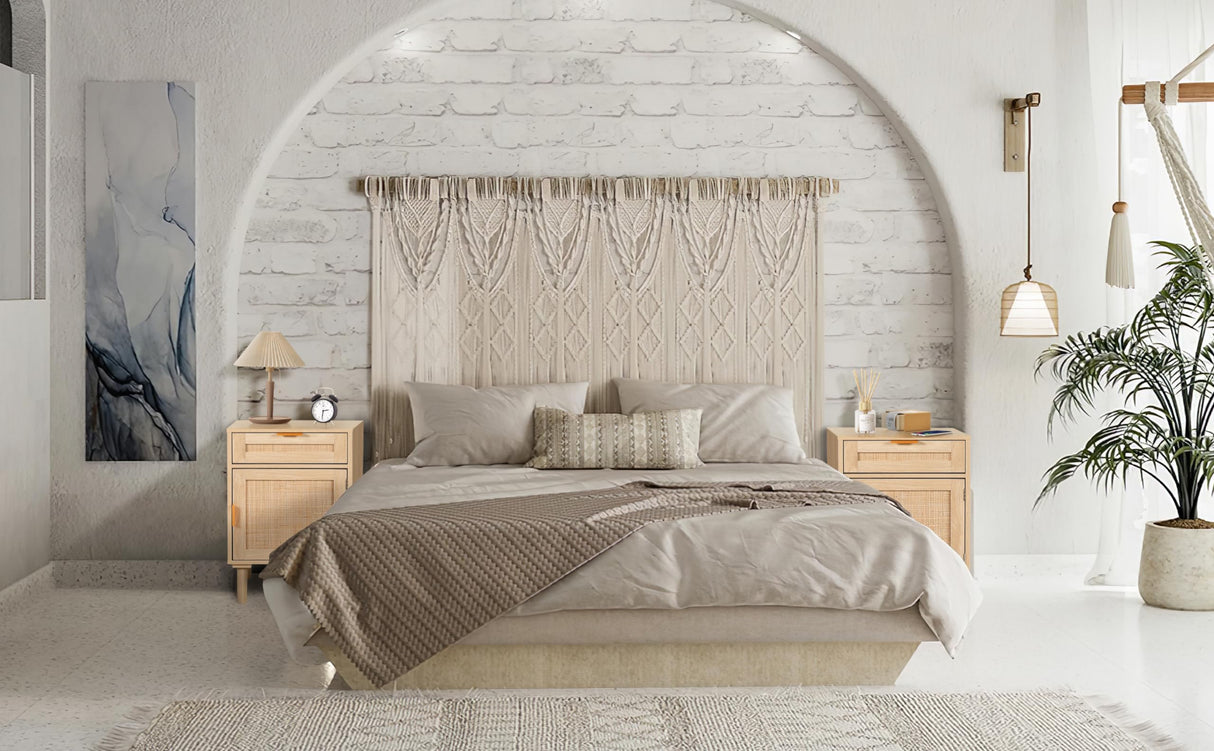 STHOUYN Nightstand Set of 2 with Drawers, Boho Night Stands Set of 2, Bed Side Tables Bedroom Set of 2, Oak Rattan Nightstand End Tables Small Space (Natural Rattan) STHOUYN