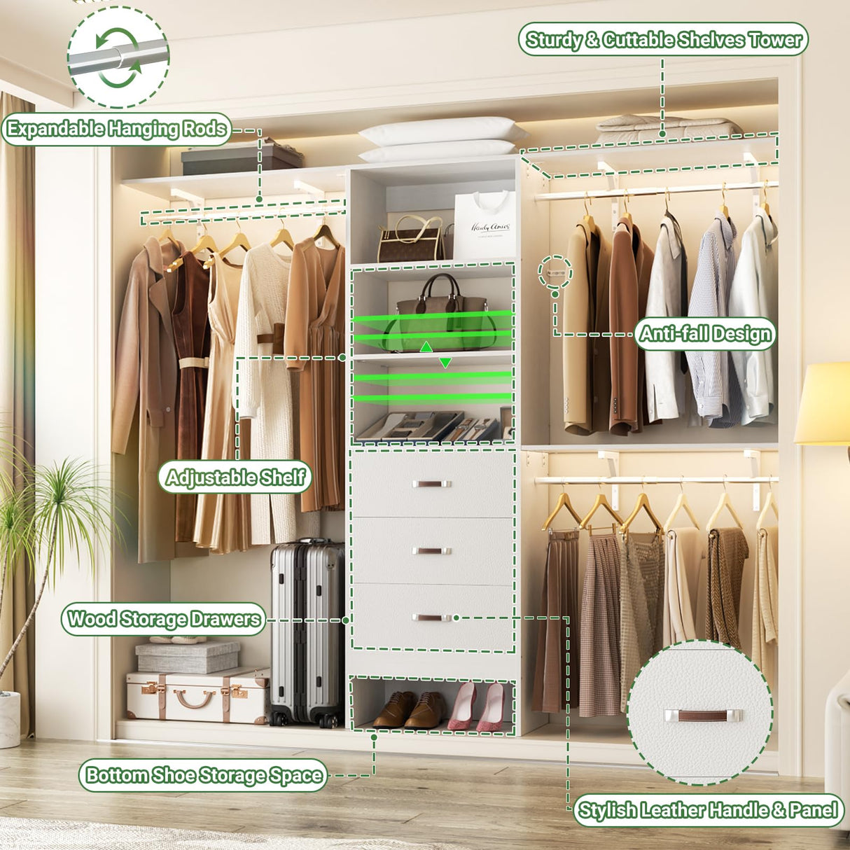 Besiost Closet System with Drawer - 8FT Wood Closet Organizer System with 3 Hanging Rods and Shelving Tower, 96" Walk In Closet Organizer Wardrobe, Heavy Duty Garment Rack Clothes Rack, White Besiost