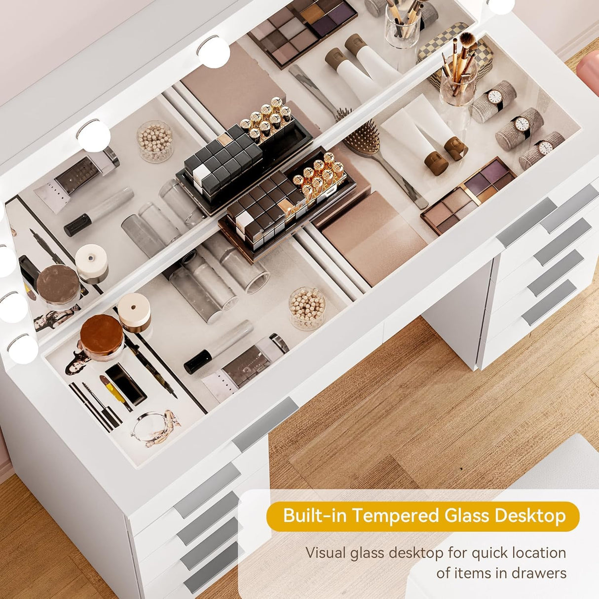 DWVO 46'' Glass Top Makeup Vanity with 10 Drawers, Vanity Desk Set with Large LED Mirror, Built-in Charging Station & Cushioned Storage Chair, Dressing Table with 3-Color Light Modes, Cream White DWVO