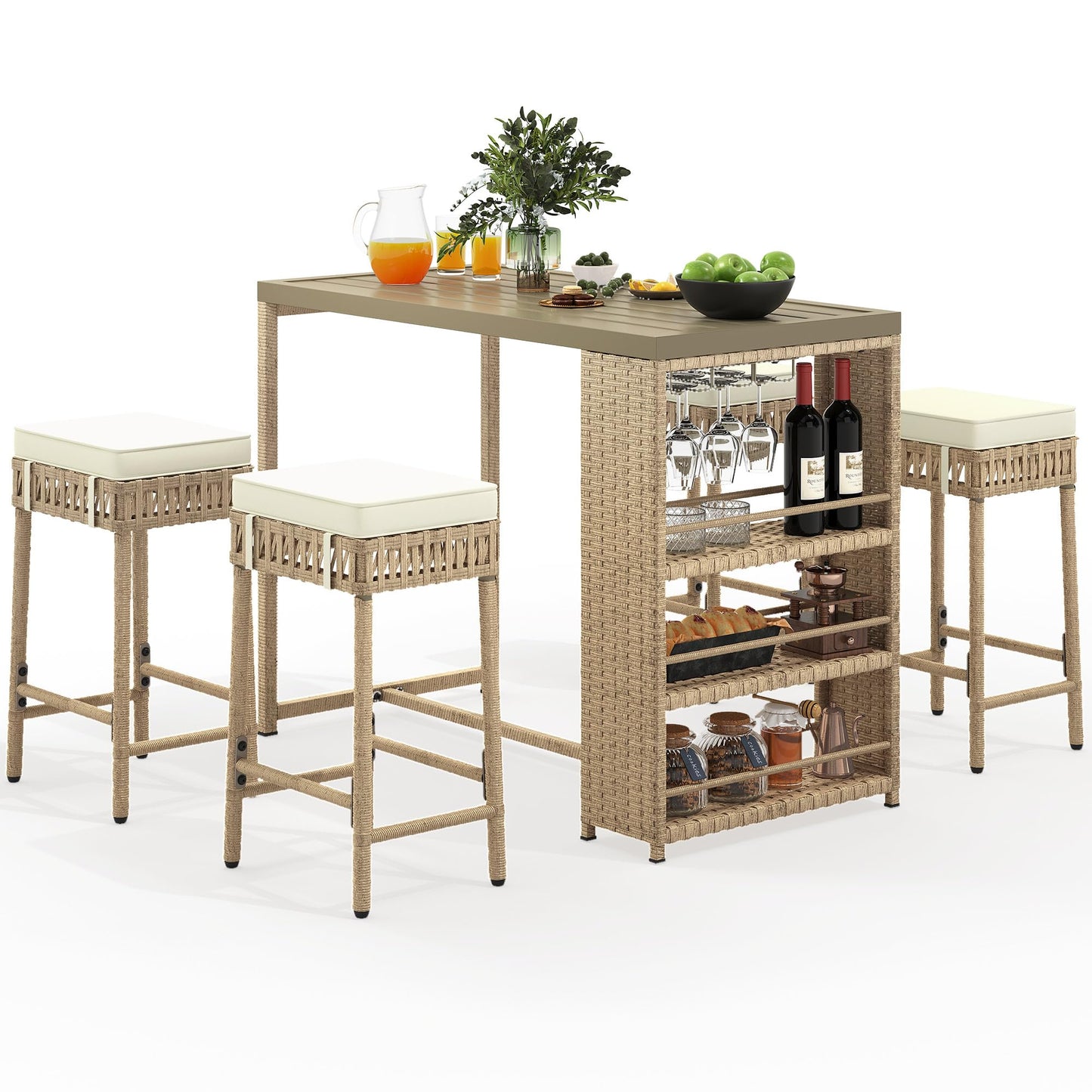 YITAHOME 5 Piece Outdoor Patio Bar Set with Cushions and Wine Glass Holder - Beige Wicker Furniture - WoodArtSupply