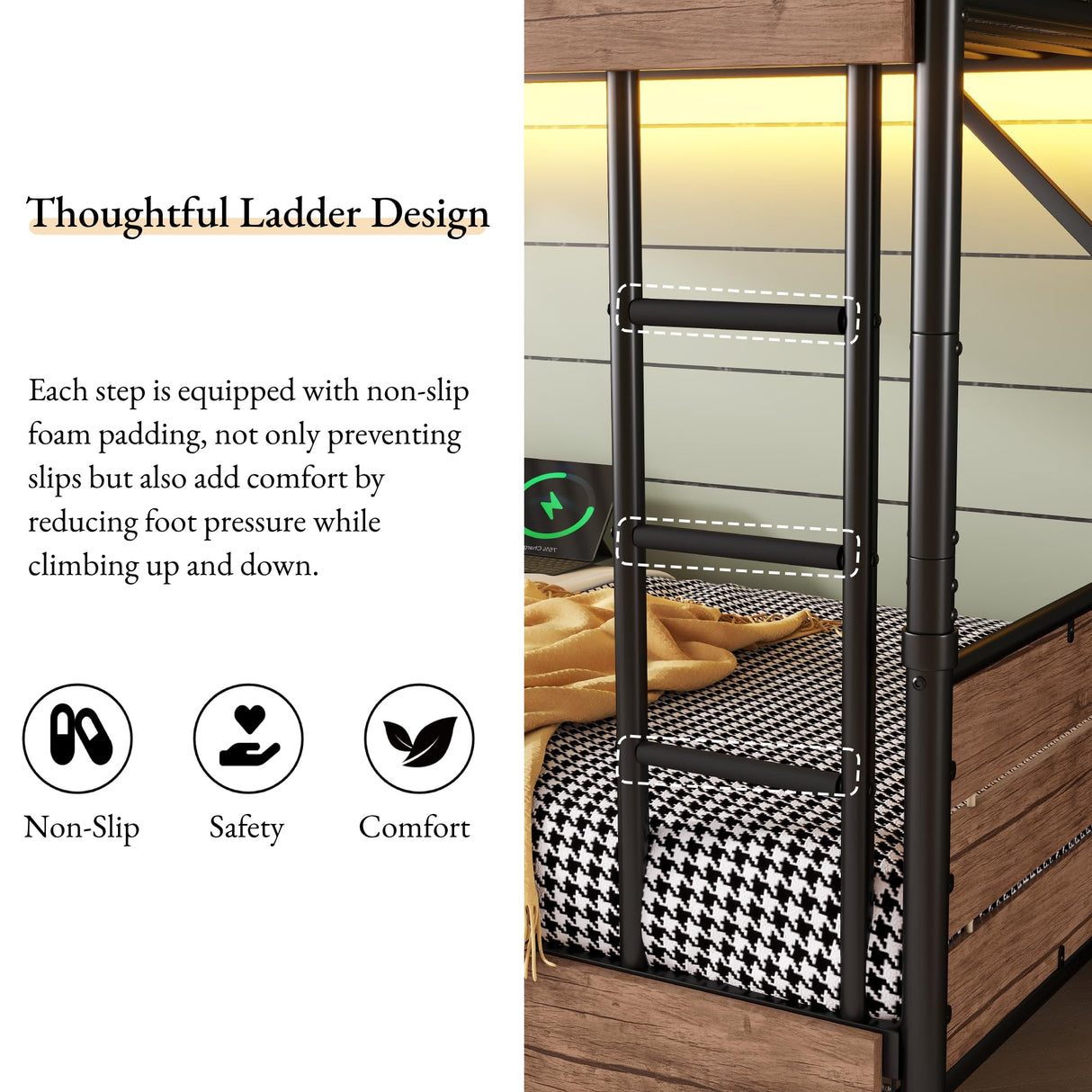 Twin Over XL Bunk Bed with LED Light USB Charging Station Detachable Metal Bunk Bed with 2 Storage Drawers Headboard Safety Guardrails Ladder Convertiable Twin Bed No Spring Box Needed Space Saving INTERHOMART
