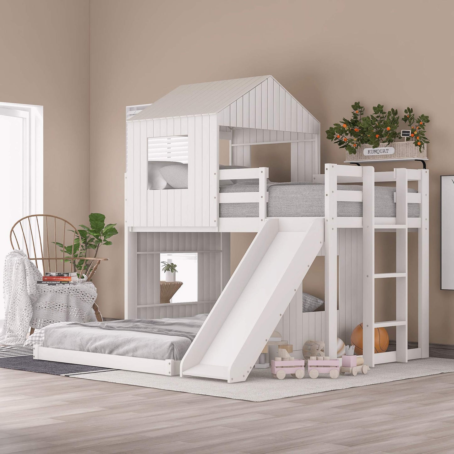 Merax White Twin over Full Bunk Bed with Slide, Safety Guardrails and House Design for Kids - WoodArtSupply