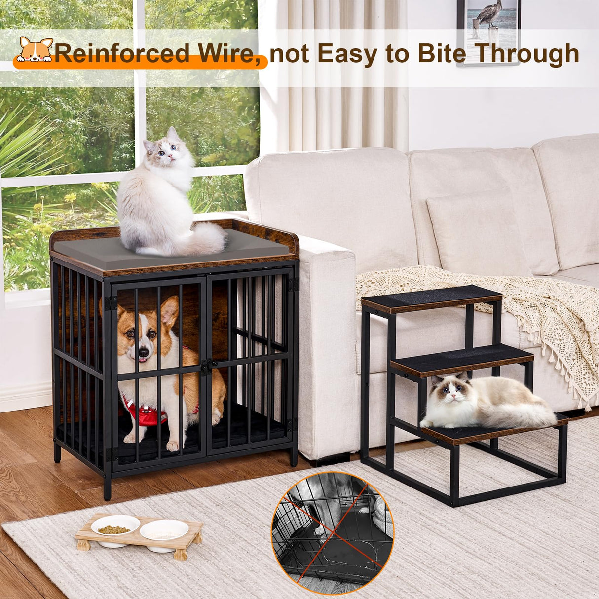 Snughome Dog Crate Furniture with Stairs, 41.73‘’ Wooden Dog Kennel Indoor with Double Doors, Furniture Style Dog Crate with Cushion for Dogs, Heavy Duty Dog Cage for Small/Medium Dogs, Rustic Brown Snughome