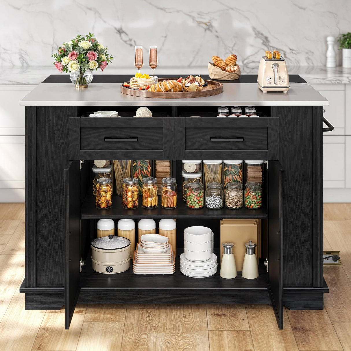 YITAHOME Kitchen Island with Drop Leaf, 47 Inch Mobile Stroage Islands with Stainless Steel Top, Rolling Island Table with Power Outlet, Adjustable Shelves, Spice Rack, Towel Rack for Kitchen, Black YITAHOME