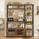 47.2 in Bakers Rack with Power Outlet & LED Light, Coffee Bar with Coffee Pod Holder for Vetuo, Kitchen Microwave Stand with Storage Shelves, Paper Holder, Cabinet, Wire Basket, 8 Hooks (Rustic Brown) UPOSOJA