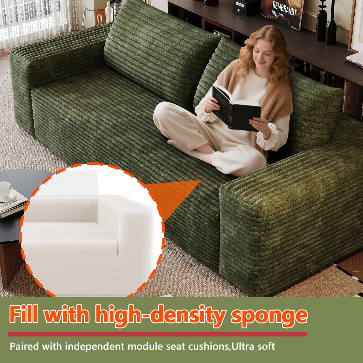 63" Cloud Loveseat Sofa - Boneless Deep Seat 2-Seater, No Assembly Foam Floor Couch, Plush Corduroy Fabric, Modern Living Room Sofa for Small Space Apartment, Bedroom, Office (Green, 63") Klwenas Maec